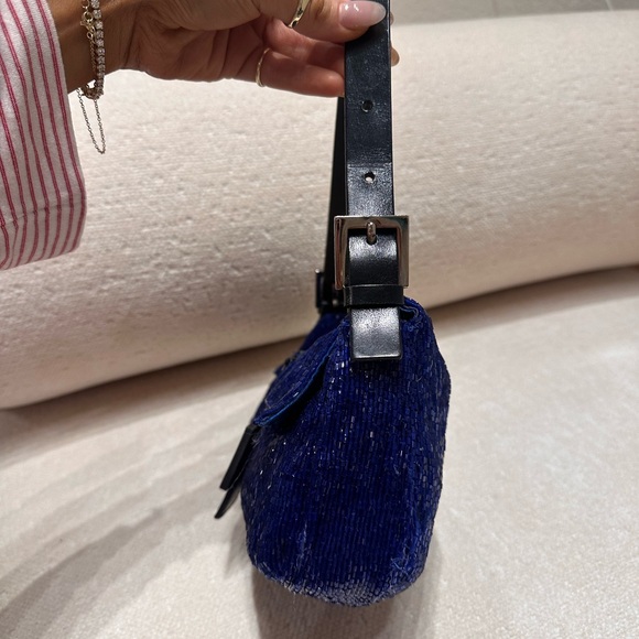 Blue Velvet Shoulder Bag with Black Strap - Picture 11 of 14